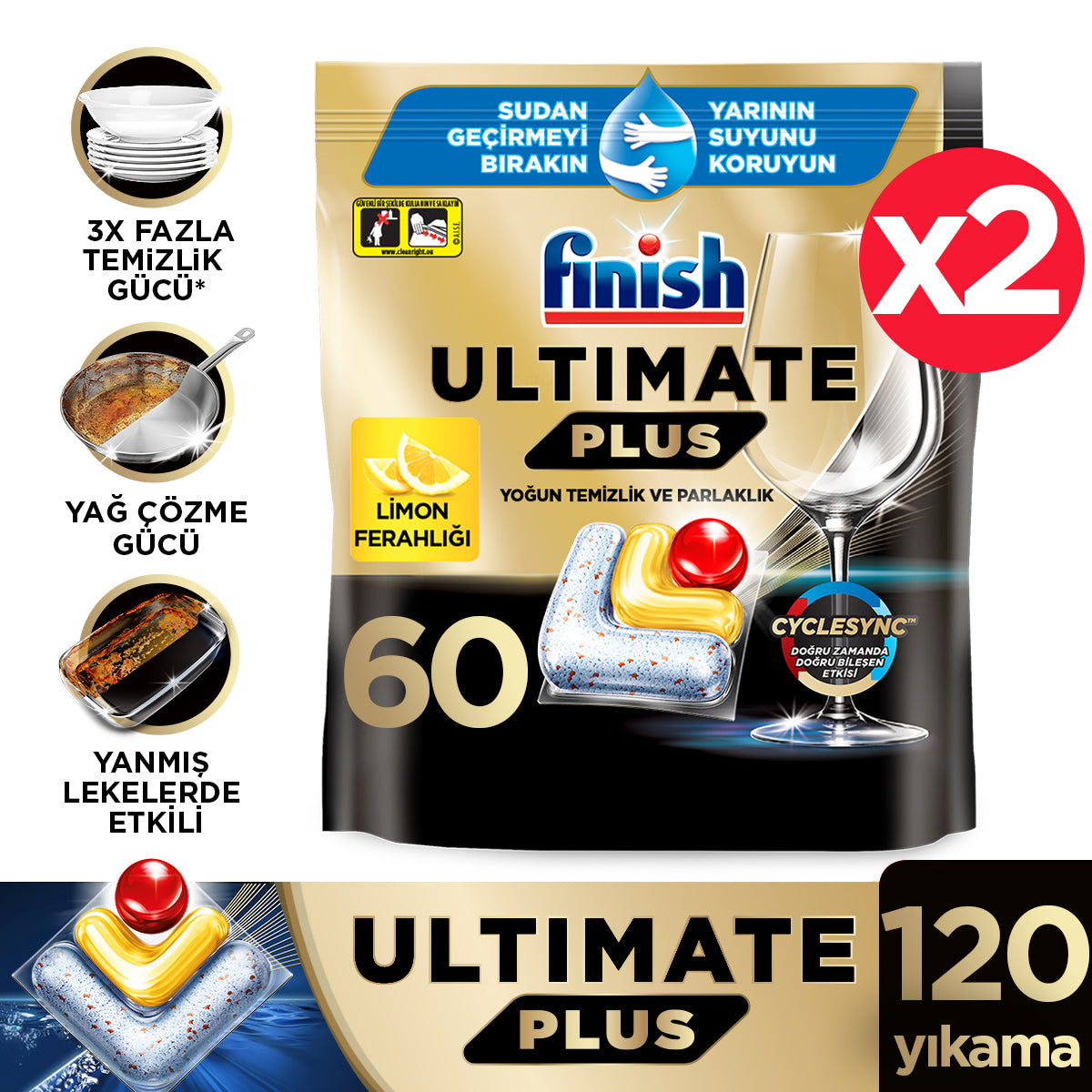 Finish Ultimate Plus 120 Kapsül Limon Hepsi Bir Arada Bulaşık Makinesi Tableti