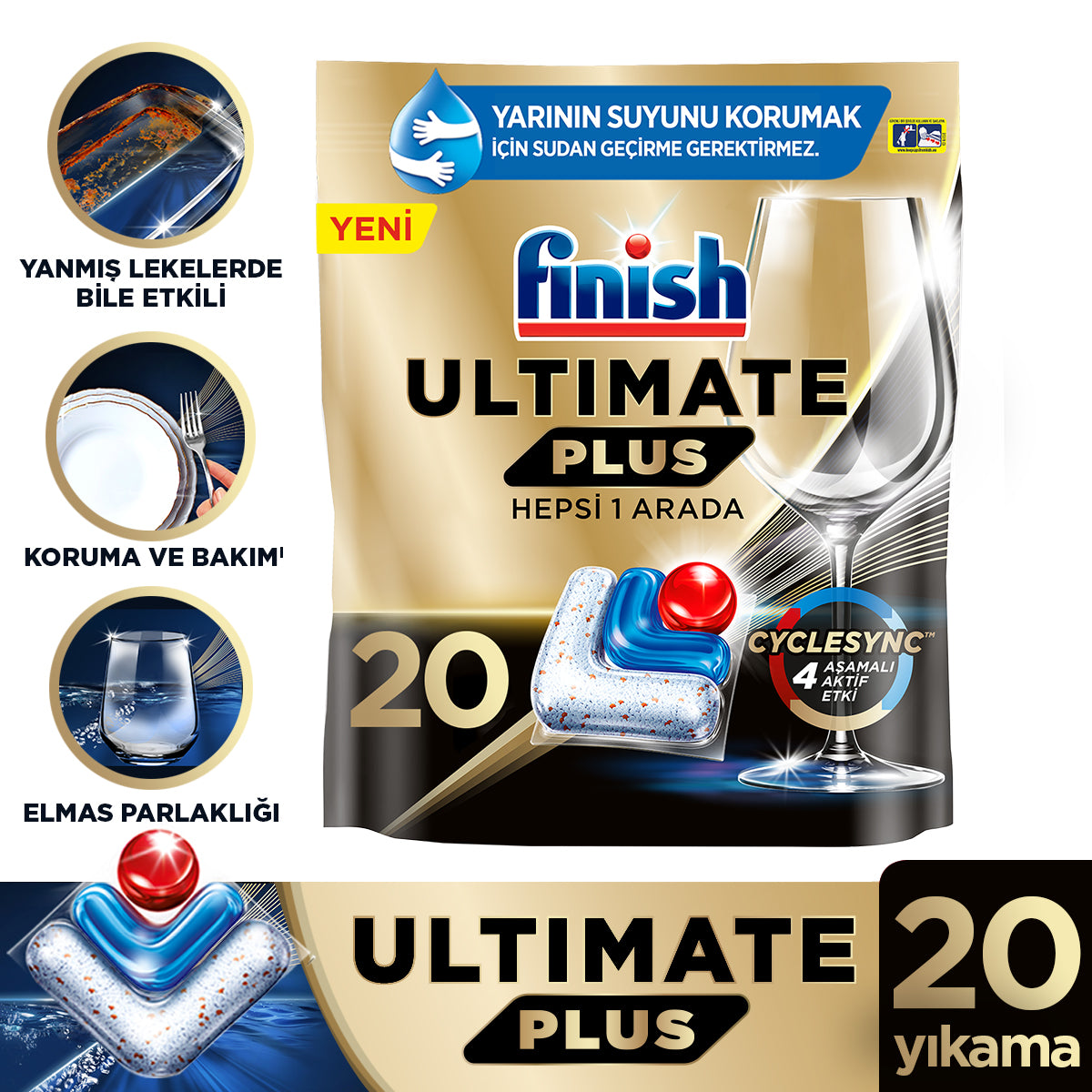 Finish Ultimate Plus 20 Kapsül Hepsi Bir Arada Bulaşık Makinesi Tableti