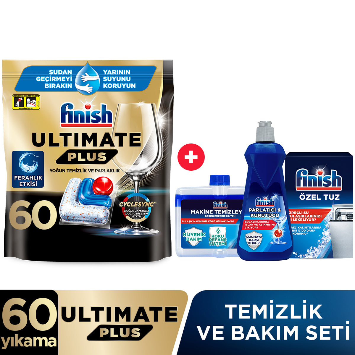 Finish Ultimate Plus 60 Kapsül Hepsi Bir Arada Bulaşık Makinesi Tableti + Temizlik Bakım Seti