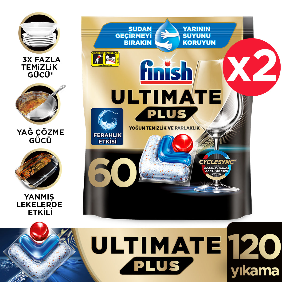 Finish Ultimate Plus 120 Kapsül Hepsi Bir Arada Bulaşık Makinesi Tableti (2x60)