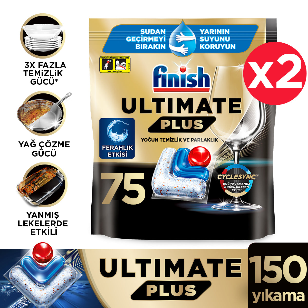 Finish Ultimate Plus 150 Kapsül Hepsi Bir Arada Bulaşık Makinesi Tableti (2x75)