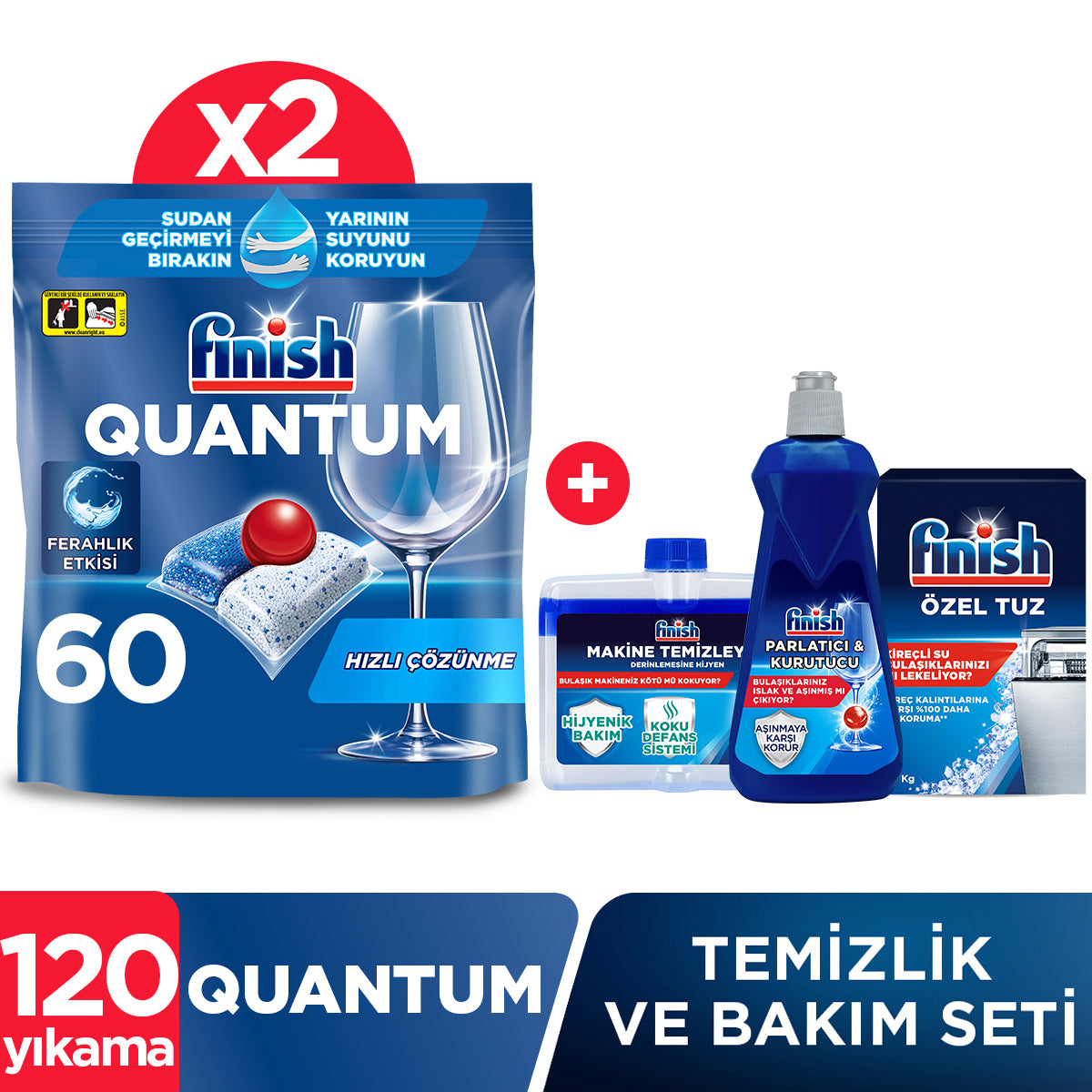 Finish Quantum Hepsi Bir Arada 120 Kapsül Bulaşık Makinesi Deterjanı Tableti (60x2) + Temizlik ve Bakım Seti