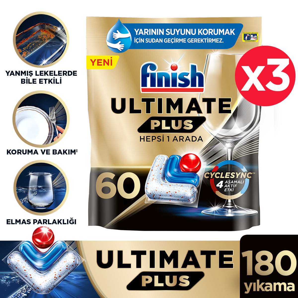 Finish Ultimate Plus 180 Kapsül  Bulaşık Makinesi Deterjanı Tableti (3x60)
